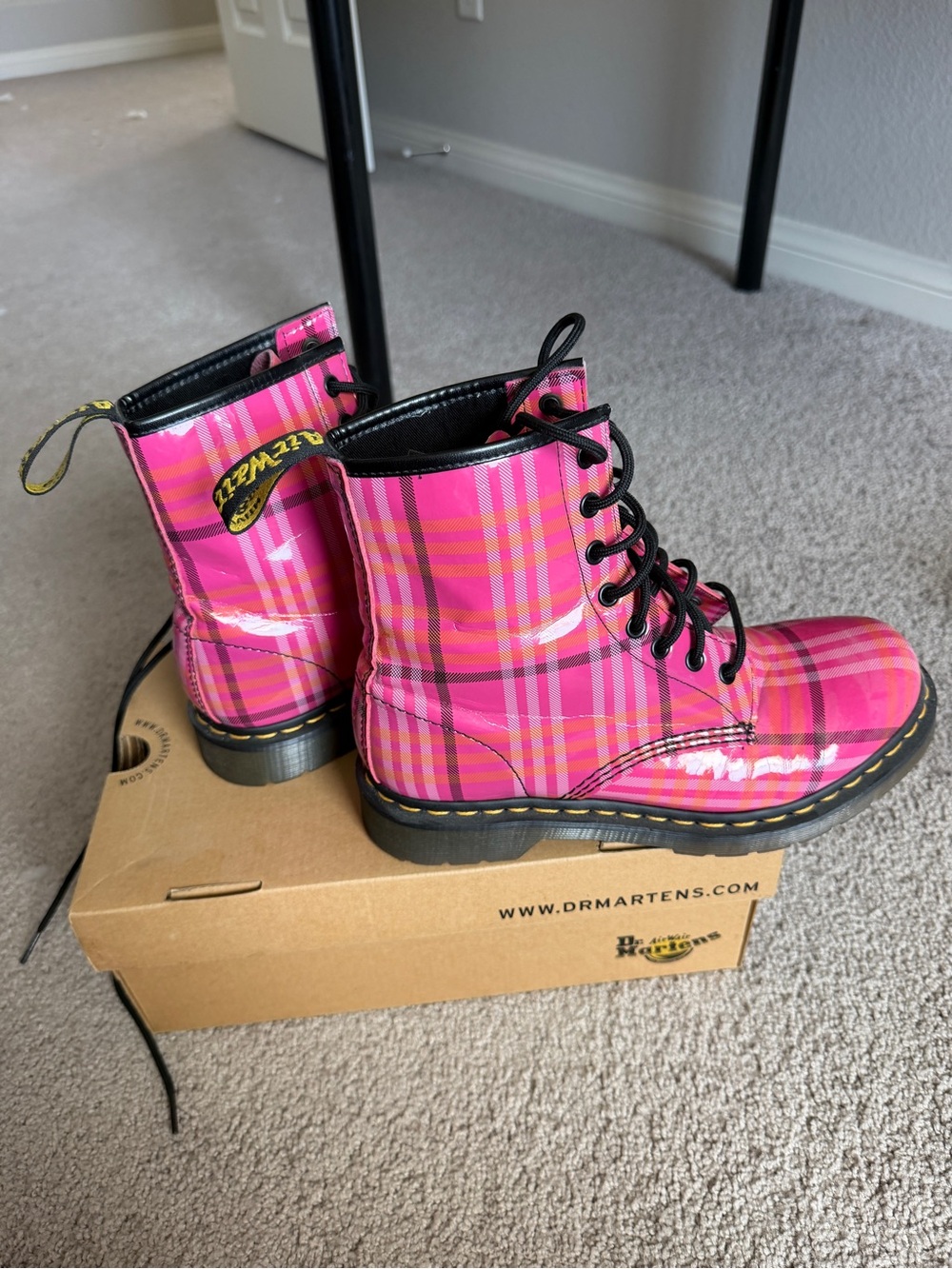 Dr. Martens Pink Plaid 8-Eye Lace-Up Boots